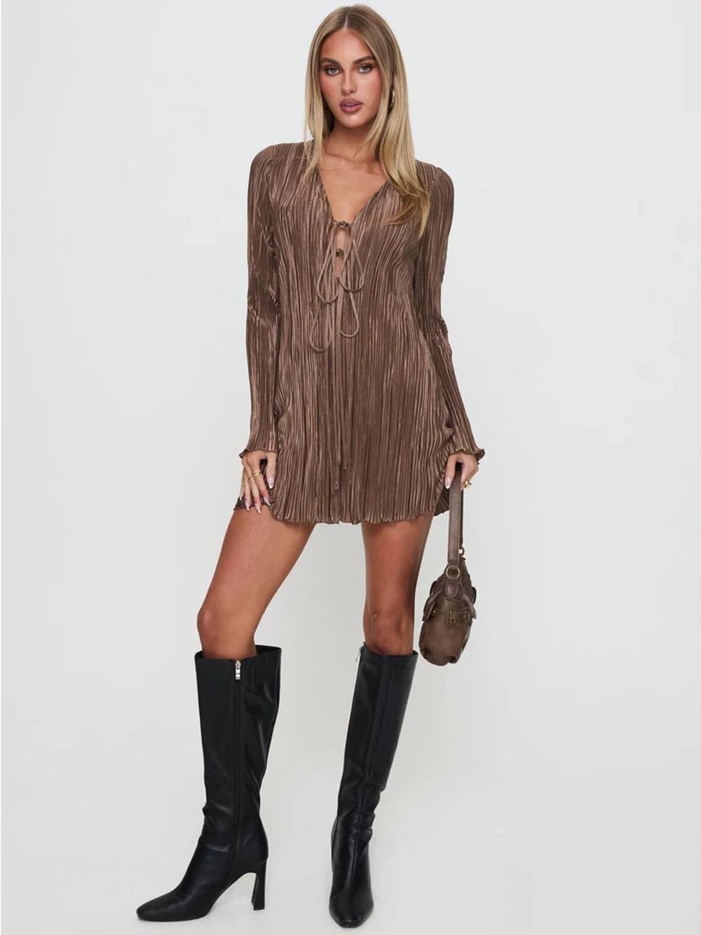 Princess Polly Brown Pleated V-Neck Mini Dress Sz 6
